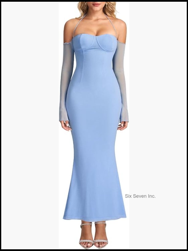 Off Shoulder Bodycon Maxi Dress Long Sleeve Mesh Formal Evening Gown